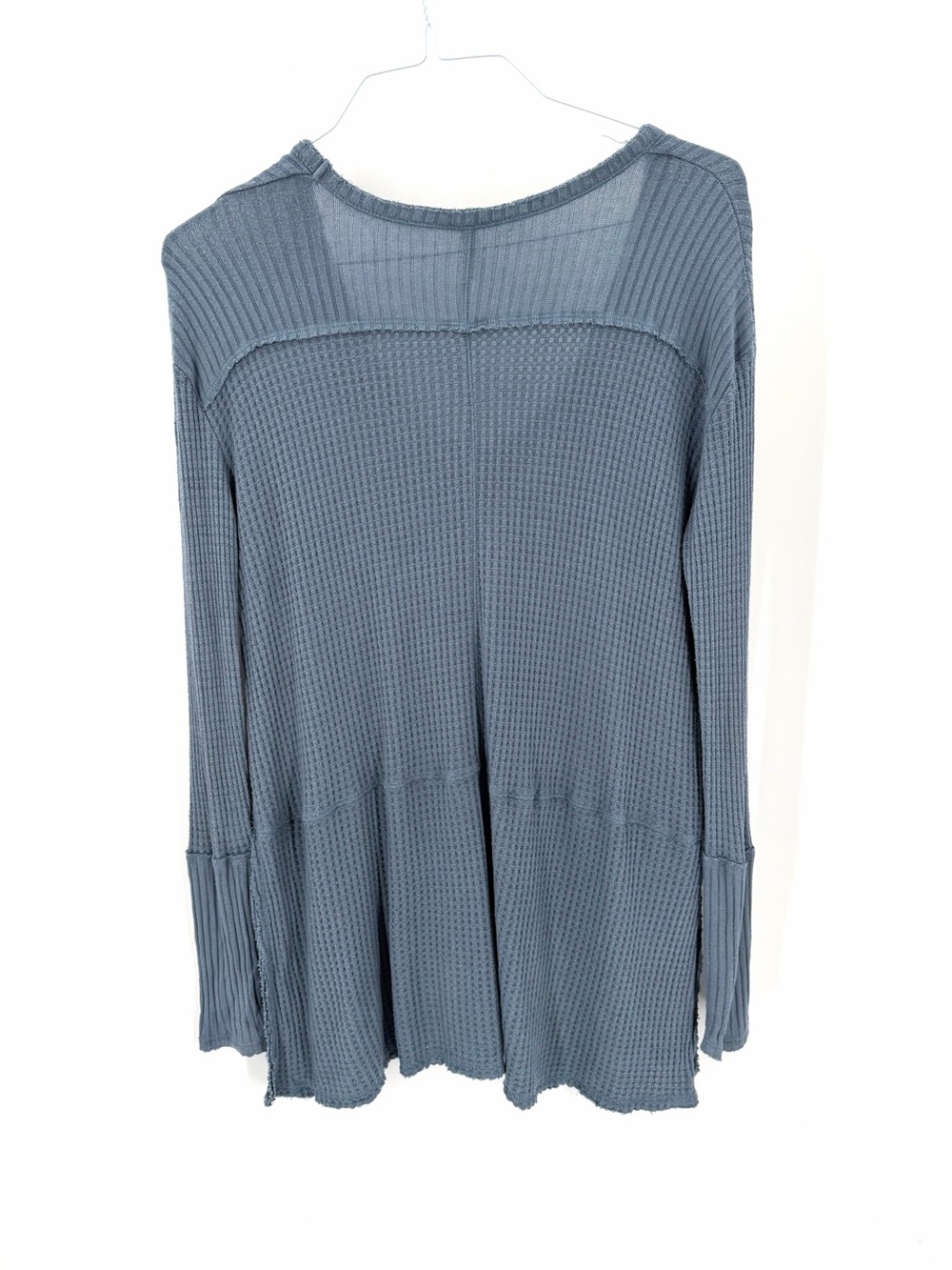 Free People Blue Gray Sunset Park Drippy Thermal Waffle Knit Oversized Shirt Top - Picture 5 of 8